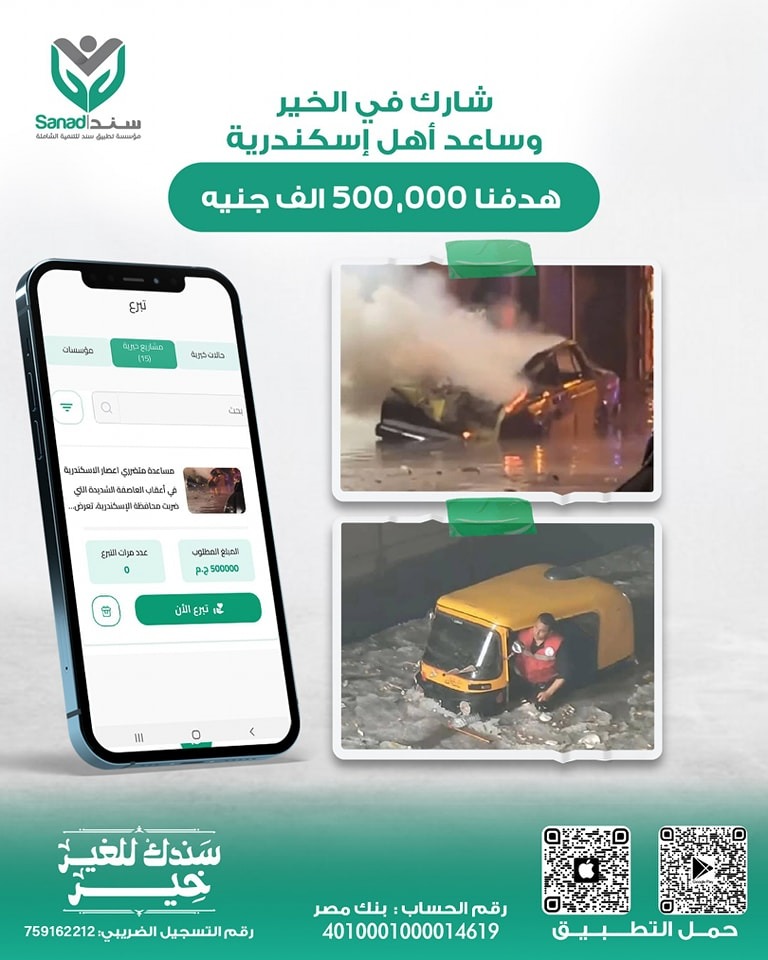 “مؤسسة تطبيق سند” تطلق مبادرة لجمع 500 ألف جنيه لإغاثة المتضررين من عاصفة الإسكندرية